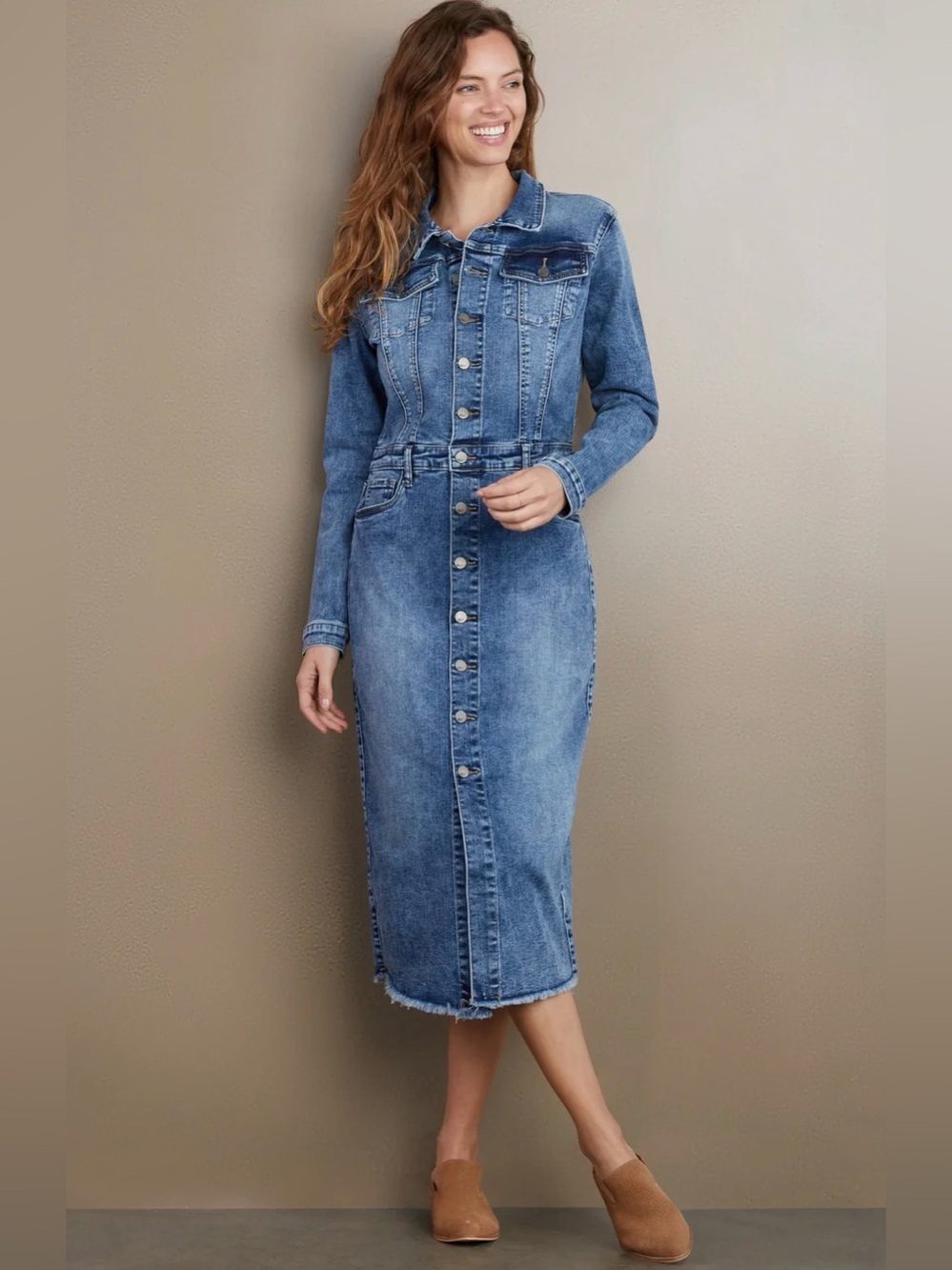 Wash Lab Piece Dyed Denim Stretch Dress Long Sleeve Blue Midi Size Small